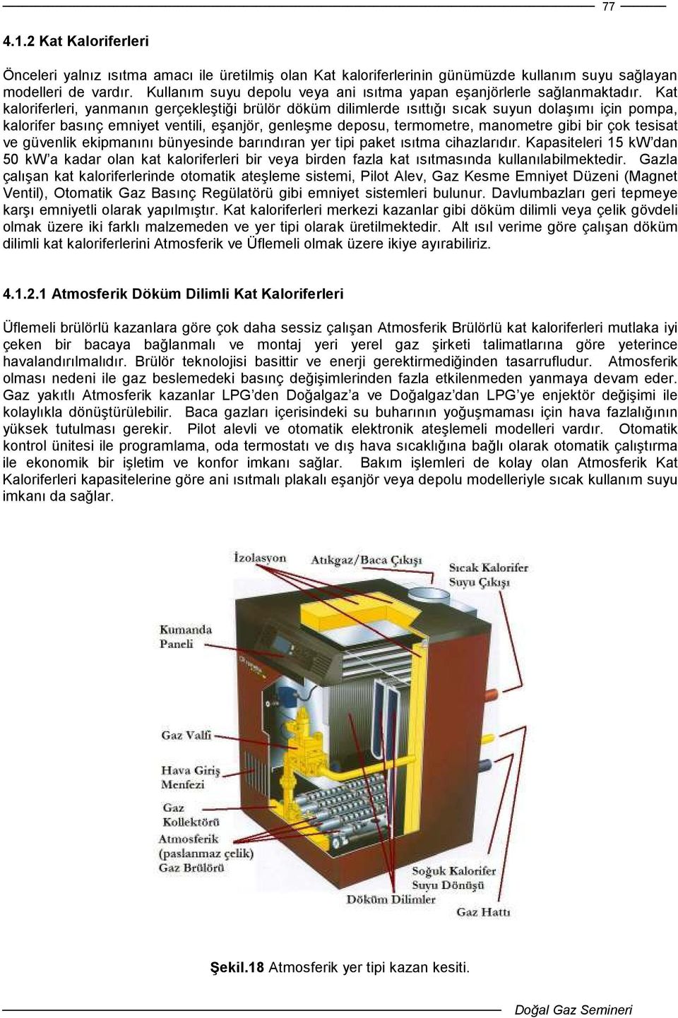 Kat kaloriferleri, yanmanın gerçekleştiği brülör döküm dilimlerde ısıttığı sıcak suyun dolaşımı için pompa, kalorifer basınç emniyet ventili, eşanjör, genleşme deposu, termometre, manometre gibi bir