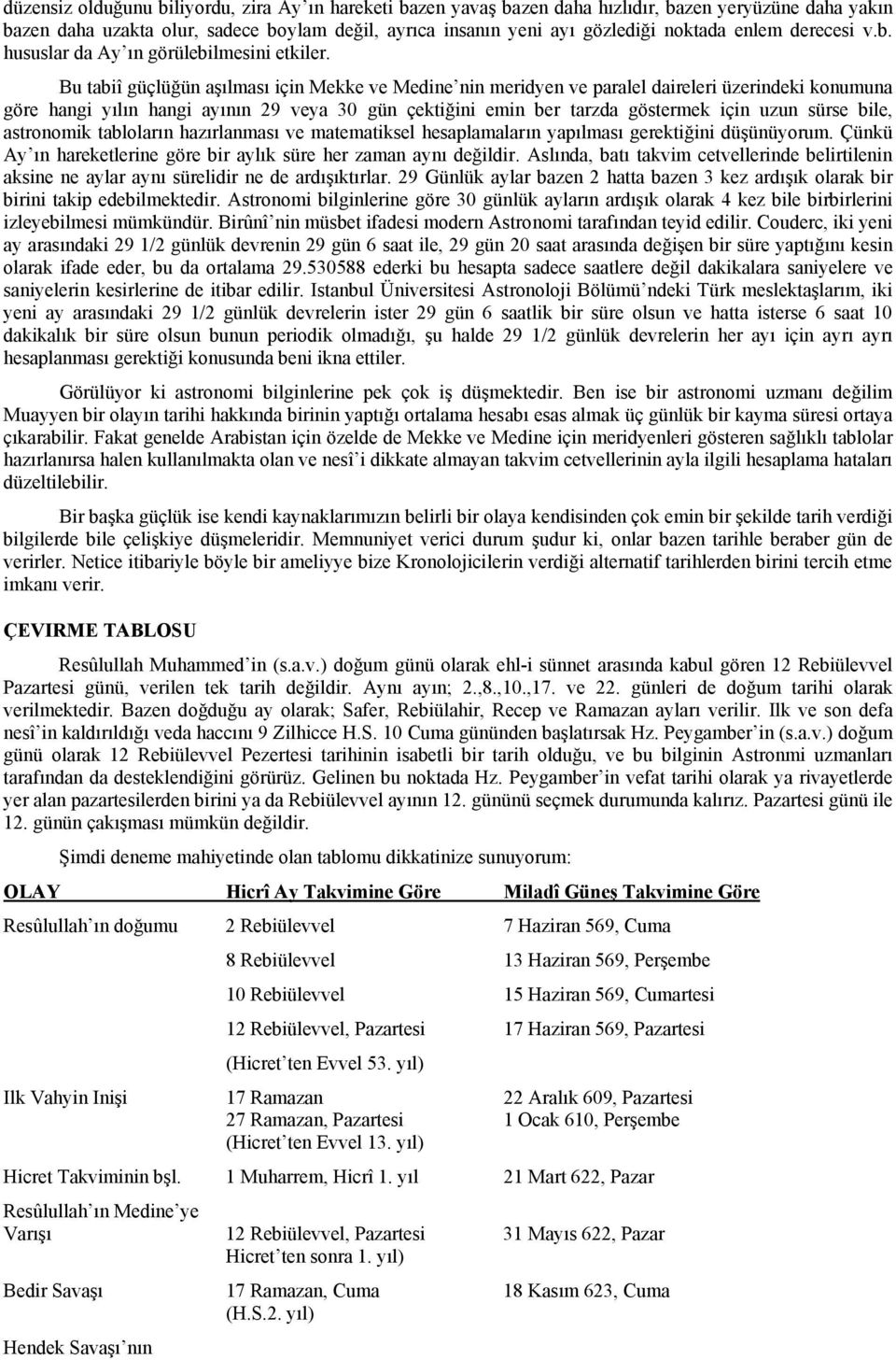 Bu tabiî güçlüğün aşılması için Mekke ve Medine nin meridyen ve paralel daireleri üzerindeki konumuna göre hangi yılın hangi ayının 29 veya 30 gün çektiğini emin ber tarzda göstermek için uzun sürse