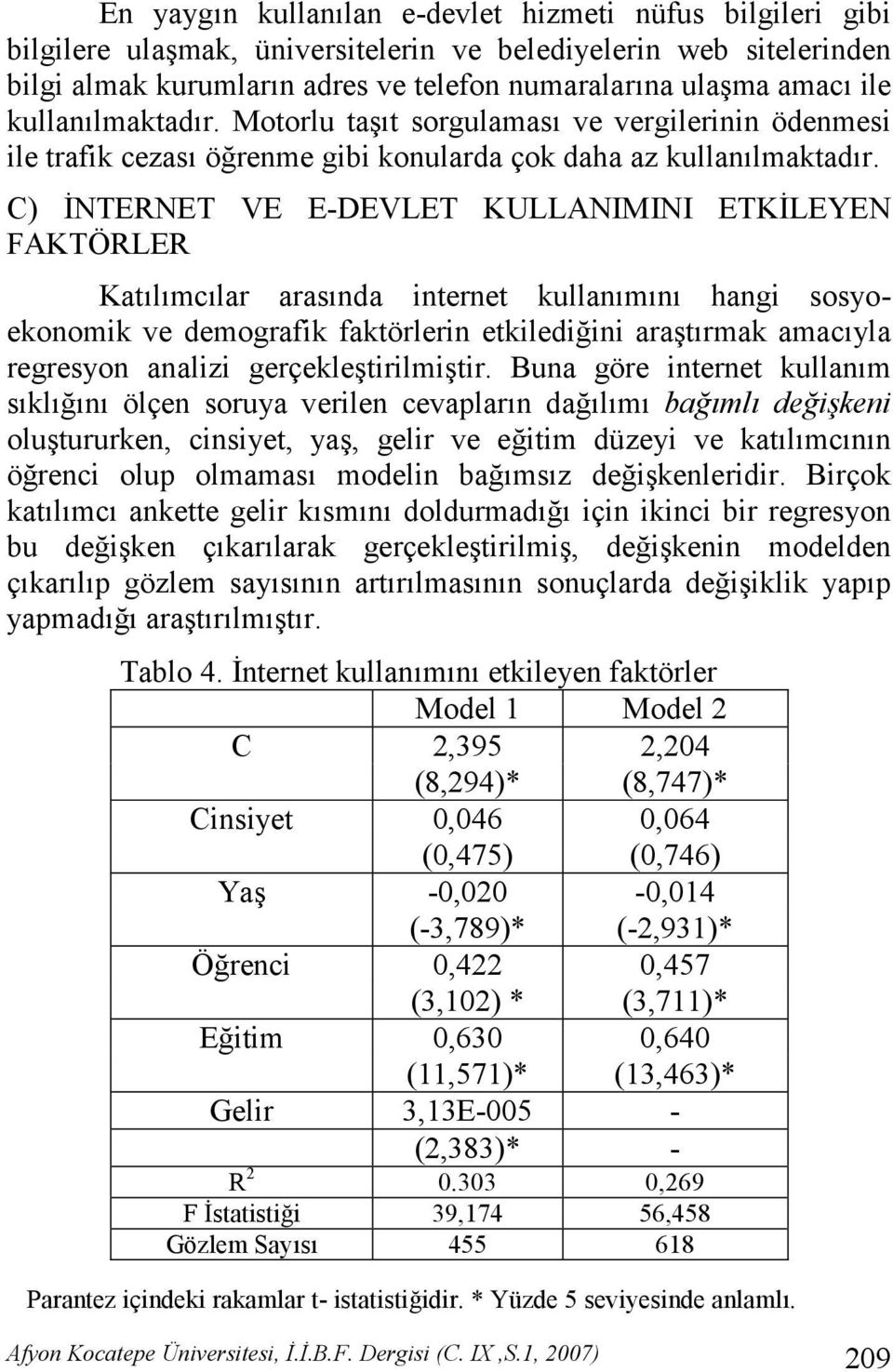 C) 4NTERNET VE E-DEVLET KULLANIMINI ETK4LEYEN FAKTÖRLER Katlmclar arasnda internet kullanmn hangi sosyoekonomik ve demografik faktörlerin etkilediini aratrmak amacyla regresyon analizi