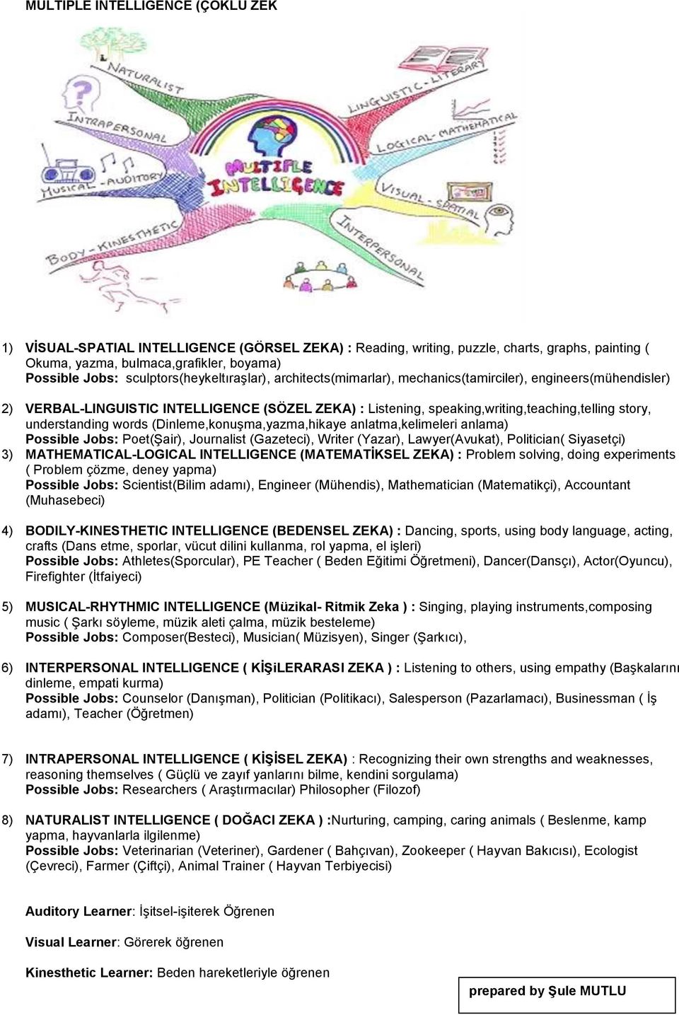 understanding words (Dinleme,konuĢma,yazma,hikaye anlatma,kelimeleri anlama) Possible Jobs: Poet(ġair), Journalist (Gazeteci), Writer (Yazar), Lawyer(Avukat), Politician( Siyasetçi) 3)