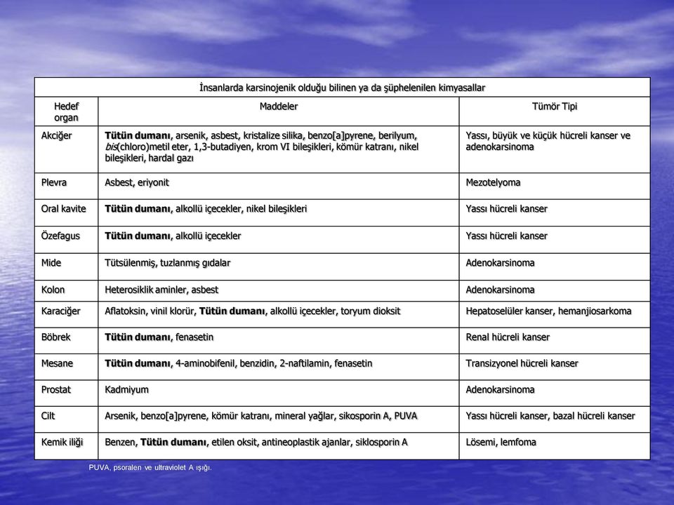 Oral kavite Tütün dumanı, alkollü içecekler, nikel bileşikleri Yassı hücreli kanser Özefagus Tütün dumanı, alkollü içecekler Yassı hücreli kanser Mide Tütsülenmiş, tuzlanmış gıdalar Adenokarsinoma