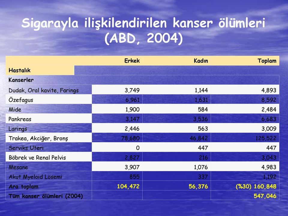 3,009 Trakea, Akciğer, Bronş 78,680 46,842 125,522 Serviks Uteri 0 447 447 Böbrek ve Renal Pelvis 2,827 216 3,043