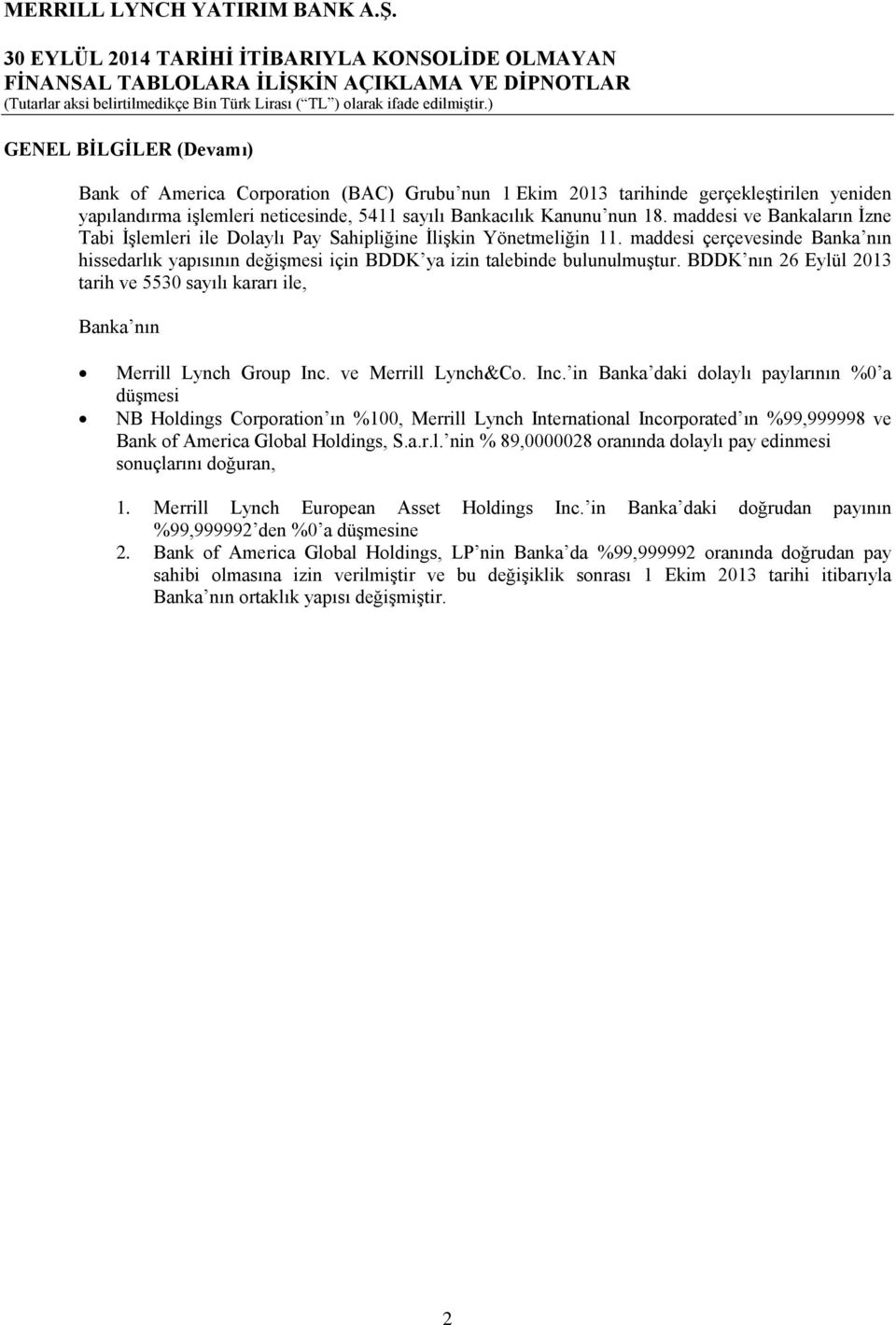 BDDK nın 26 Eylül 2013 tarih ve 5530 sayılı kararı ile, Banka nın Merrill Lynch Group Inc.