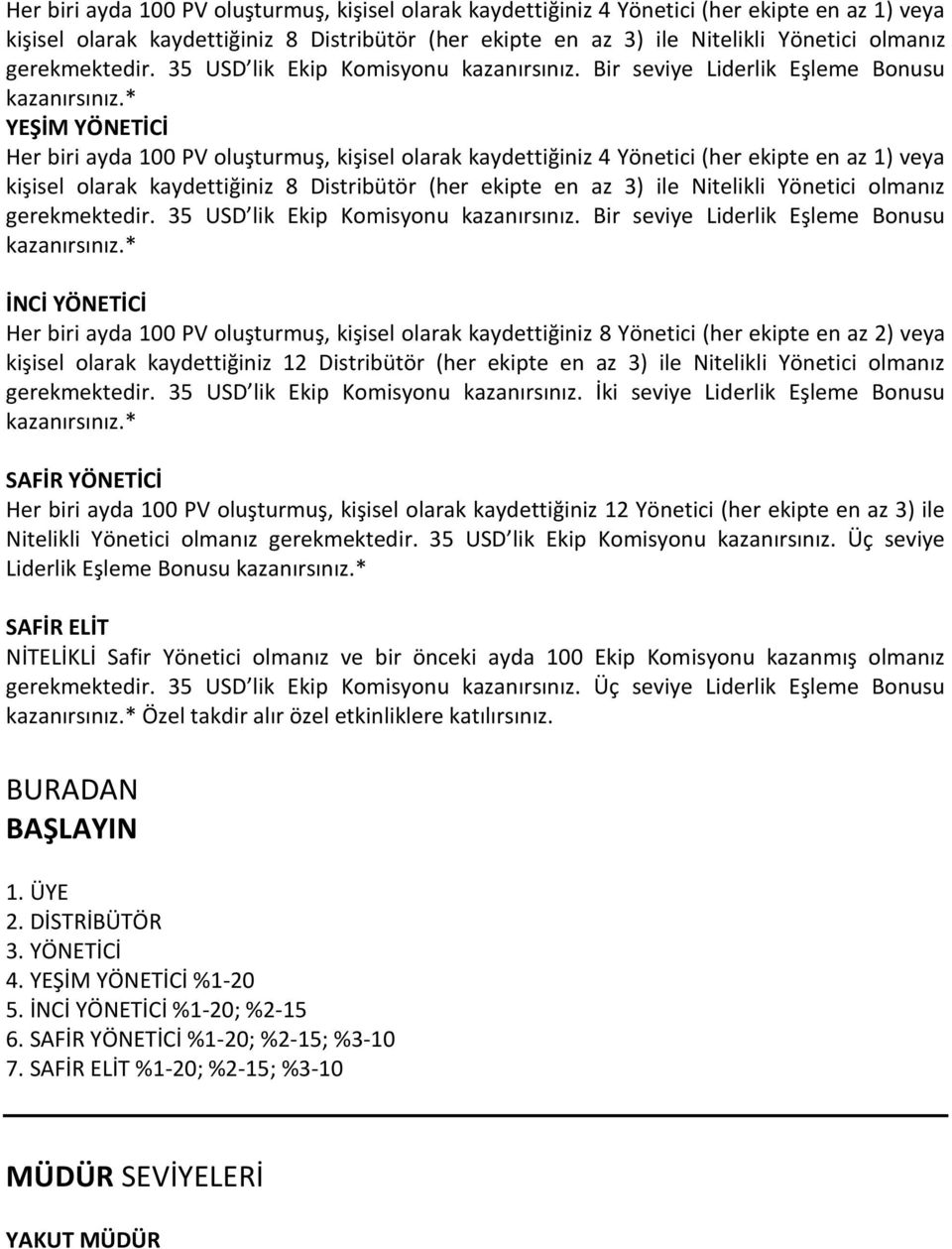 * YEŞİM YÖNETİCİ  * İNCİ YÖNETİCİ Her biri ayda 100 PV oluşturmuş, kişisel olarak kaydettiğiniz 8 Yönetici (her ekipte en az 2) veya kişisel olarak kaydettiğiniz 12 Distribütör (her ekipte en az 3)