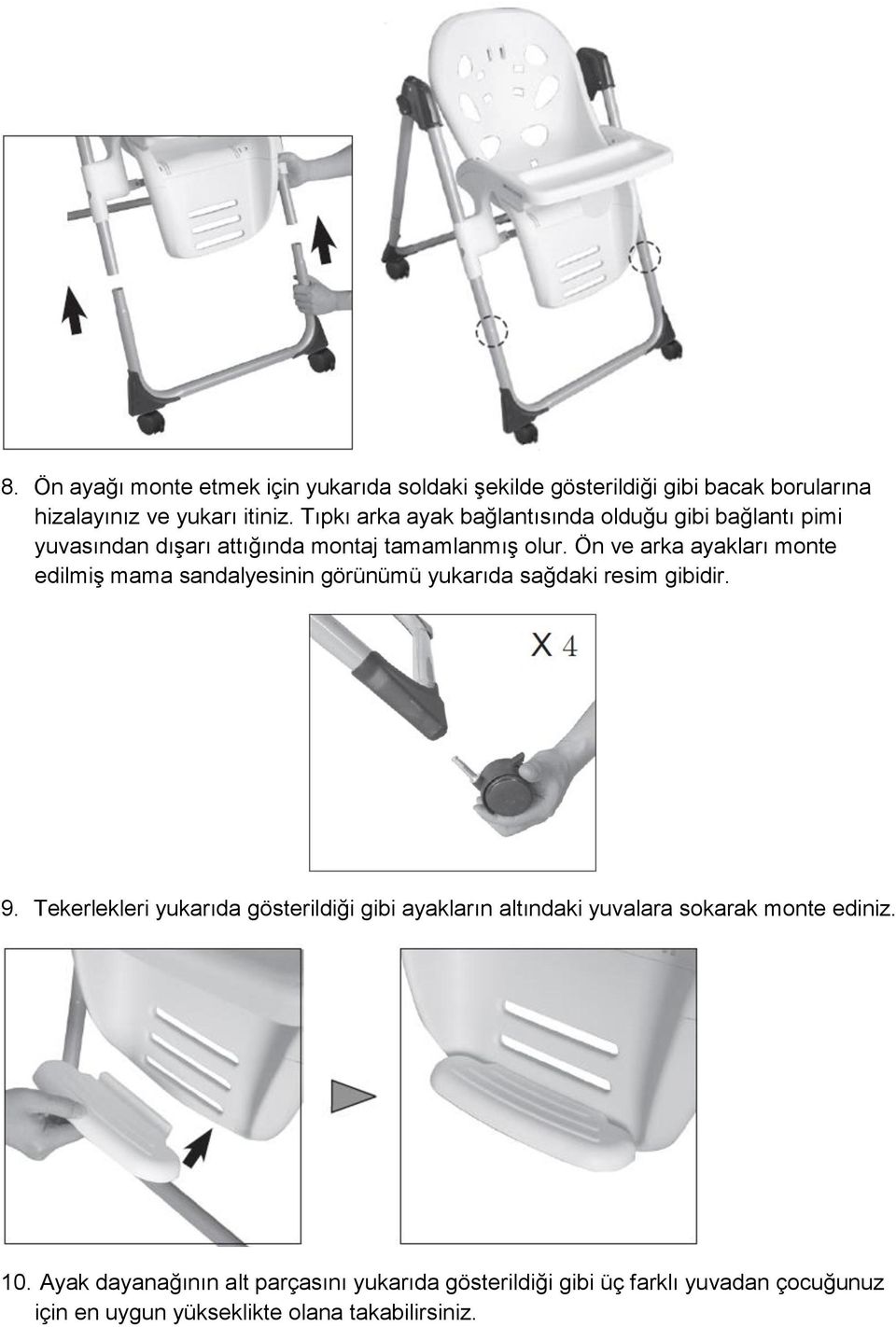 Ön ve arka ayakları monte edilmiģ mama sandalyesinin görünümü yukarıda sağdaki resim gibidir. 9.