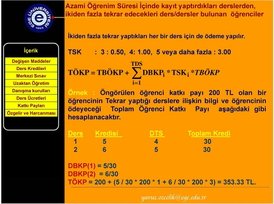 00 TÖKP = TBÖKP + TDS i= 1 DBKP i * TSK i *TBÖKP Örnek : Öngörülen öğrenci katkı payı 200 TL olan bir öğrencinin Tekrar yaptığı derslere ilişkin bilgi ve