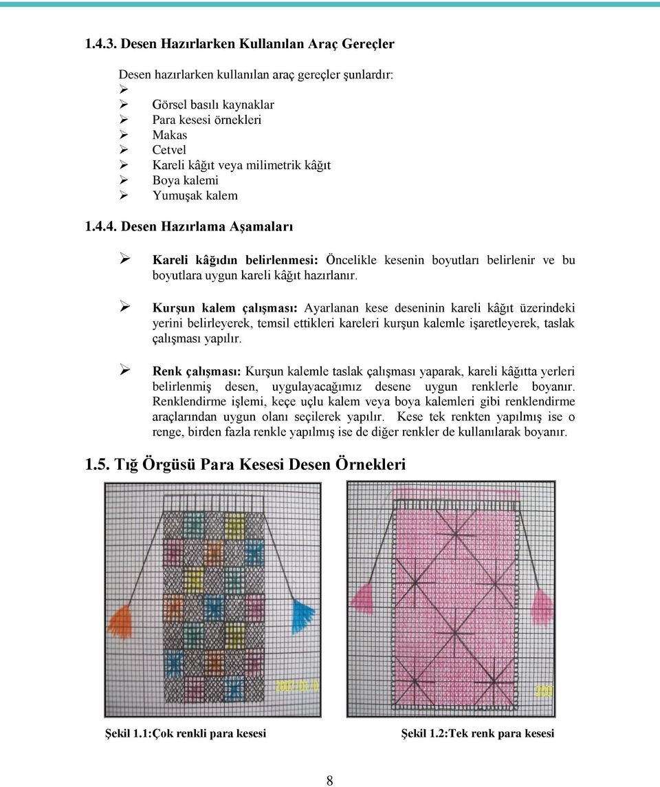 kalemi Yumuşak kalem 1.4.4. Desen Hazırlama Aşamaları Kareli kâğıdın belirlenmesi: Öncelikle kesenin boyutları belirlenir ve bu boyutlara uygun kareli kâğıt hazırlanır.