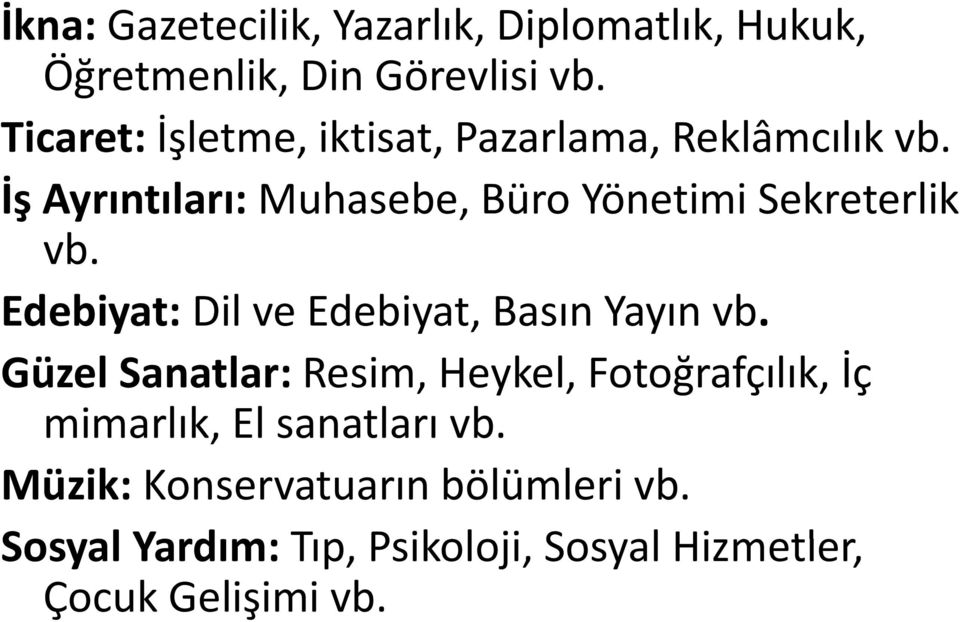 İş Ayrıntıları: Muhasebe, Büro Yönetimi Sekreterlik vb. Edebiyat: Dil ve Edebiyat, Basın Yayın vb.