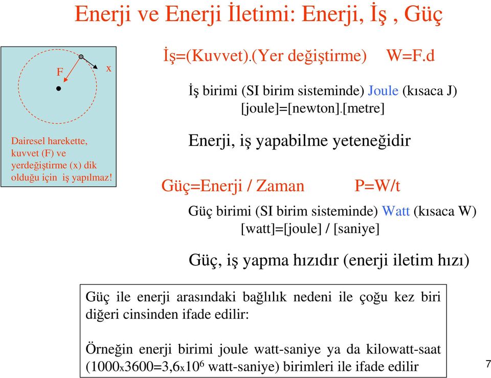 Enerji, iş yapabilme yeteneğidir Güç=Enerji / Zaman P=W/t Güç birimi (SI birim sisteminde) Watt (kısaca W) [watt]=[joule] / [saniye] Güç, iş yapma hızıdır