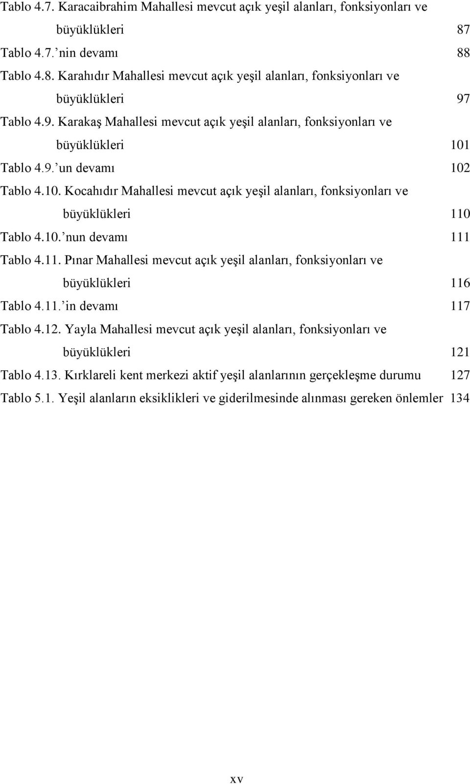 10. nun devamı 111 Tablo 4.11. Pınar Mahallesi mevcut açık yeşil alanları, fonksiyonları ve büyüklükleri 116 Tablo 4.11. in devamı 117 Tablo 4.12.