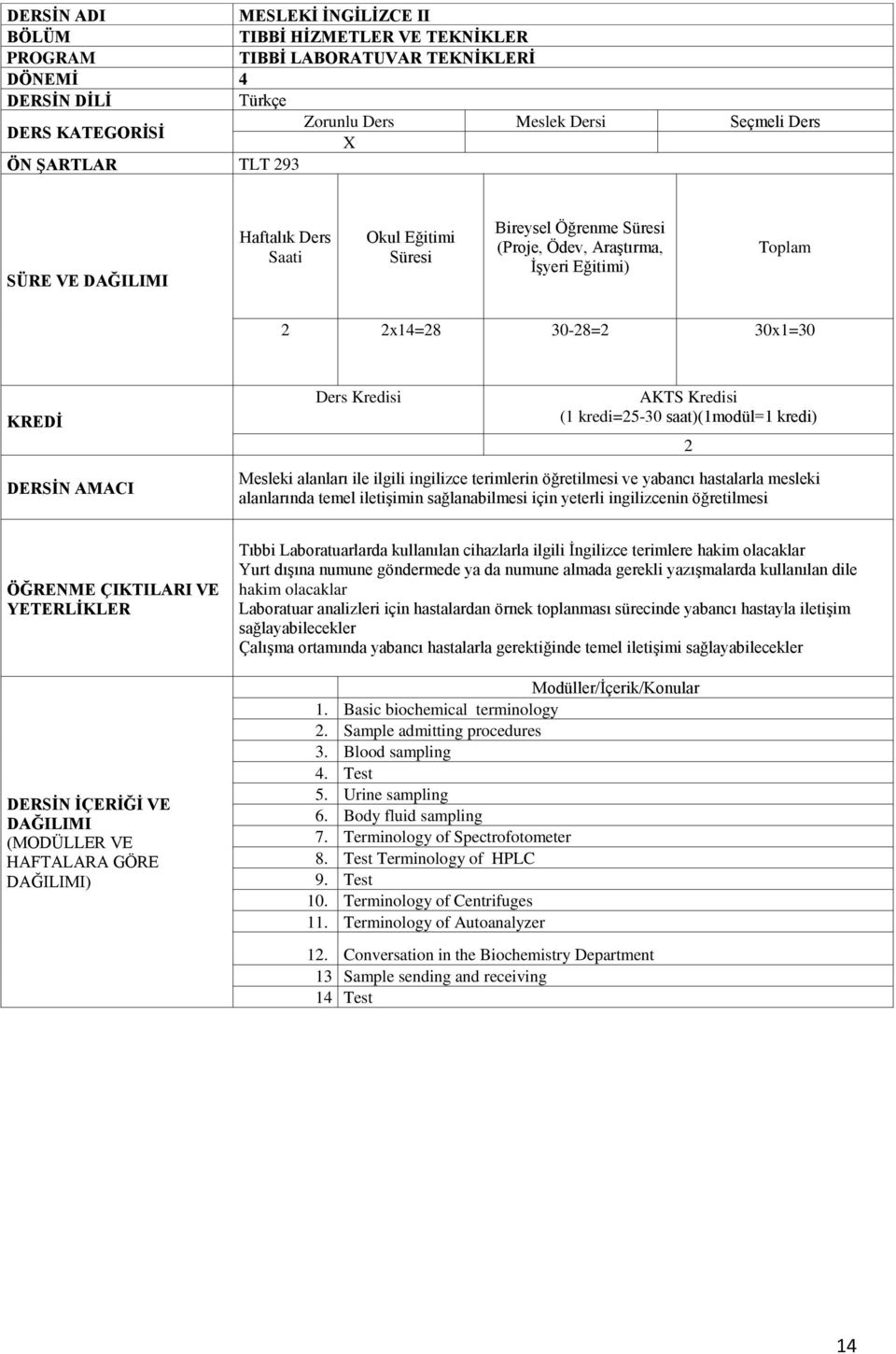 iletişimin sağlanabilmesi için yeterli ingilizcenin öğretilmesi 2 ÖĞRENME ÇIKTILARI VE ) Tıbbi Laboratuarlarda kullanılan cihazlarla ilgili İngilizce terimlere hakim olacaklar Yurt dışına numune