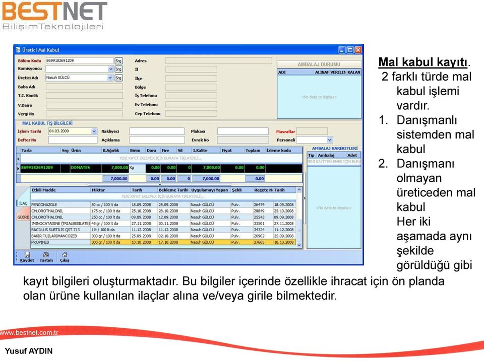 Danışmanı olmayan üreticeden mal kabul Her iki aşamada aynı şekilde görüldüğü