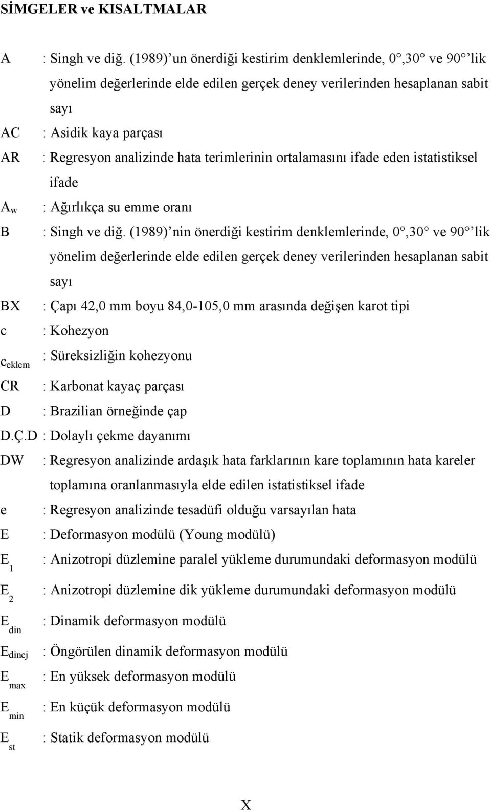 terimlerinin ortalamasını ifade eden istatistiksel ifade A w B BX c c eklem CR D : Ağırlıkça su emme oranı : Singh ve diğ.