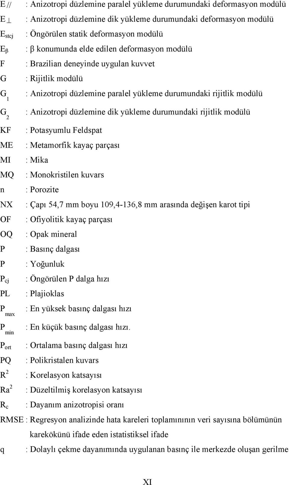 cj PL P max P min : Anizotropi düzlemine dik yükleme durumundaki rijitlik modülü : Potasyumlu Feldspat : Metamorfik kayaç parçası : Mika : Monokristilen kuvars : Porozite : Çapı 54,7 mm boyu