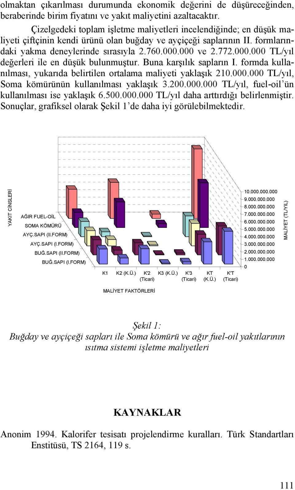 000.000 TL/yıl değerleri ile en düşük bulunmuştur. Buna karşılık sapların I. formda kullanılması, yukarıda belirtilen ortalama maliyeti yaklaşık 210.000.000 TL/yıl, Soma kömürünün kullanılması yaklaşık 3.