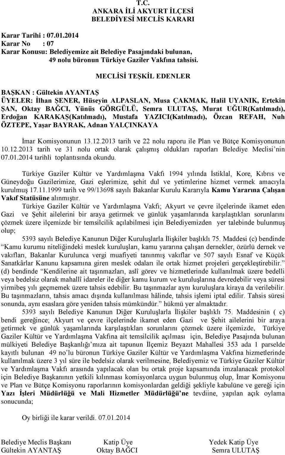 Özcan REFAH, Nuh ÖZTEPE, Yaşar BAYRAK, Adnan YALÇINKAYA İmar Komisyonunun 13.12.2013 tarih ve 22 nolu raporu ile Plan ve Bütçe Komisyonunun 10.12.2013 tarih ve 31 nolu ortak olarak çalışmış oldukları raporları Belediye Meclisi nin 07.