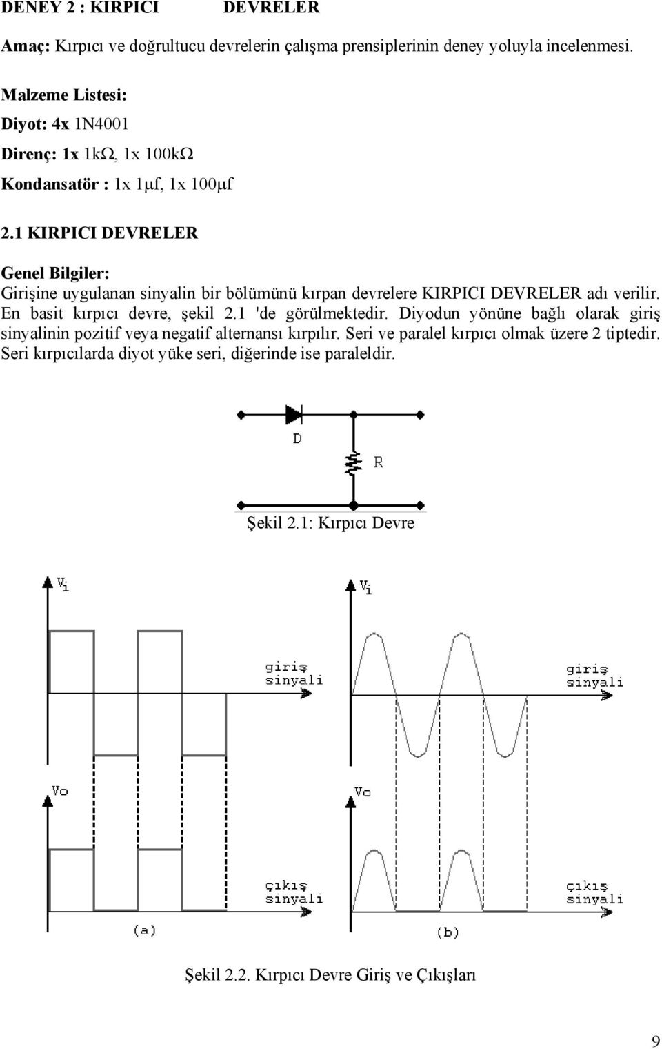 1 KIRPICI DEVRELER Genel Bilgiler: Girişine uygulanan sinyalin bir bölümünü kırpan devrelere KIRPICI DEVRELER adı verilir. En basit kırpıcı devre, şekil 2.