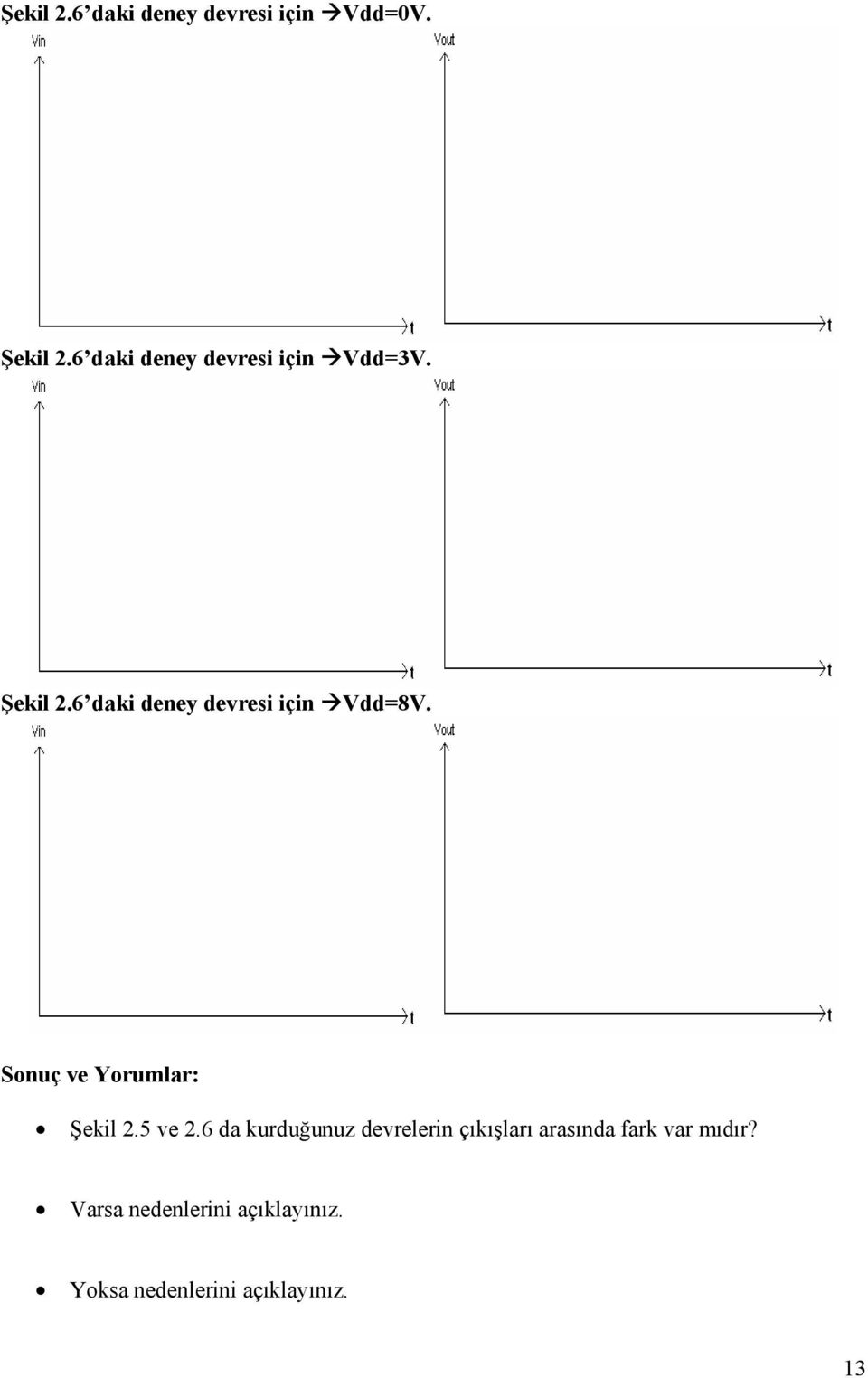 6 daki deney devresi için Vdd=8V. Sonuç ve Yorumlar: Şekil 2.5 ve 2.