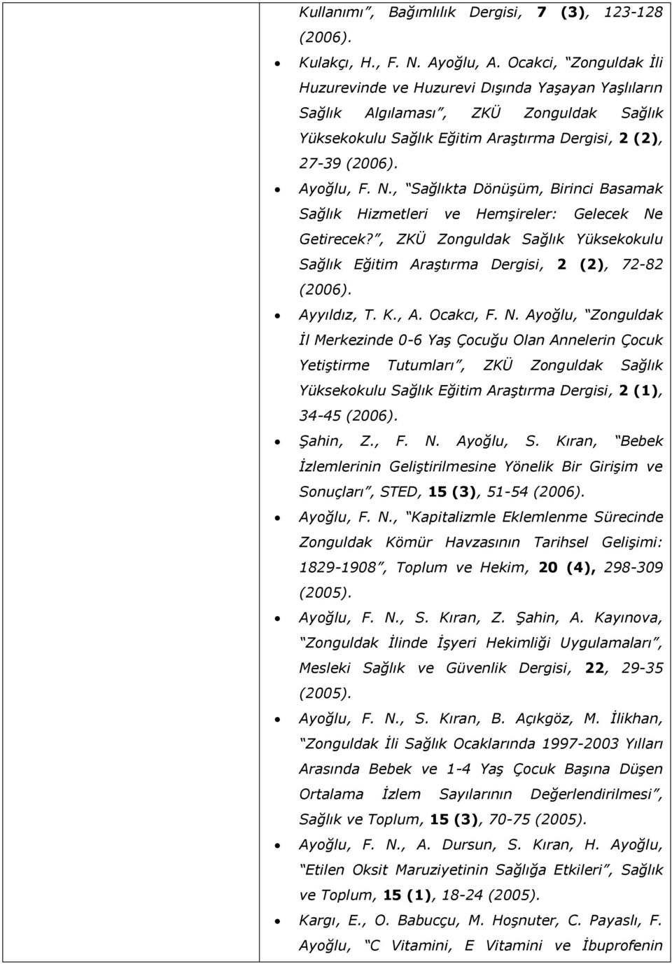 , Sağlıkta Dönüşüm, Birinci Basamak Sağlık Hizmetleri ve Hemşireler: Gelecek Ne Getirecek?, ZKÜ Zonguldak Sağlık Yüksekokulu Sağlık Eğitim Araştırma Dergisi, 2 (2), 72-82 (2006). Ayyıldız, T. K., A.