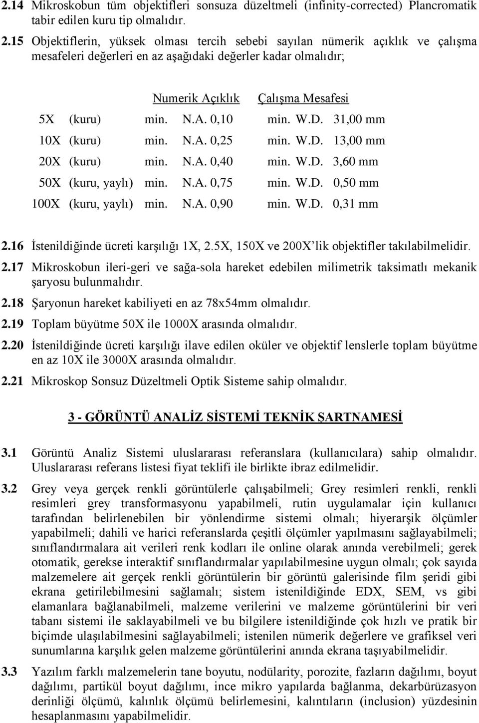 W.D. 31,00 mm 10X (kuru) min. N.A. 0,25 min. W.D. 13,00 mm 20X (kuru) min. N.A. 0,40 min. W.D. 3,60 mm 50X (kuru, yaylı) min. N.A. 0,75 min. W.D. 0,50 mm 100X (kuru, yaylı) min. N.A. 0,90 min. W.D. 0,31 mm 2.