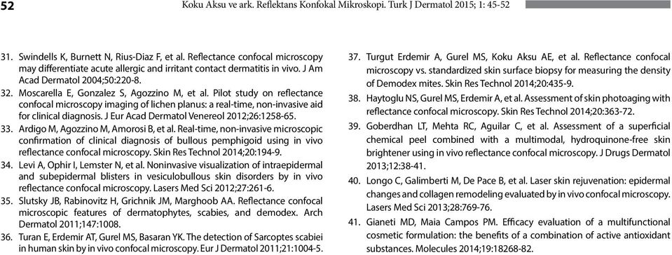 Pilot study on reflectance confocal microscopy imaging of lichen planus: a real-time, non-invasive aid for clinical diagnosis. J Eur Acad Dermatol Venereol 2012;26:1258-65. 33.