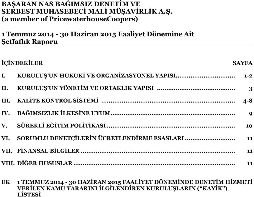 SORUMLU DENETÇİLERİN ÜCRETLENDİRME ESASLARI... 11 VII. FİNANSAL BİLGİLER... 11 VIII. DİĞER HUSUSLAR.