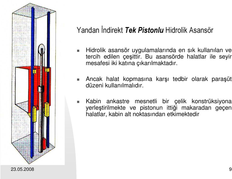 Ancak halat kopmasına karşı tedbir olarak paraşüt düzeni kullanılmalıdır.