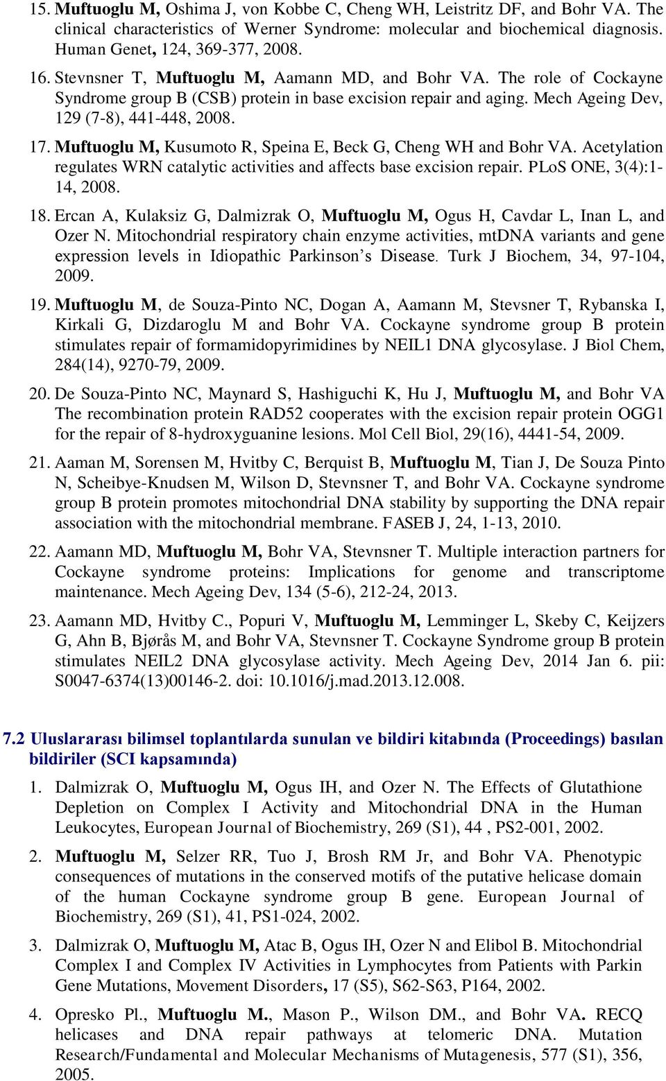 Muftuoglu M, Kusumoto R, Speina E, Beck G, Cheng WH and Bohr VA. Acetylation regulates WRN catalytic activities and affects base excision repair. PLoS ONE, 3(4):1-14, 2008. 18.