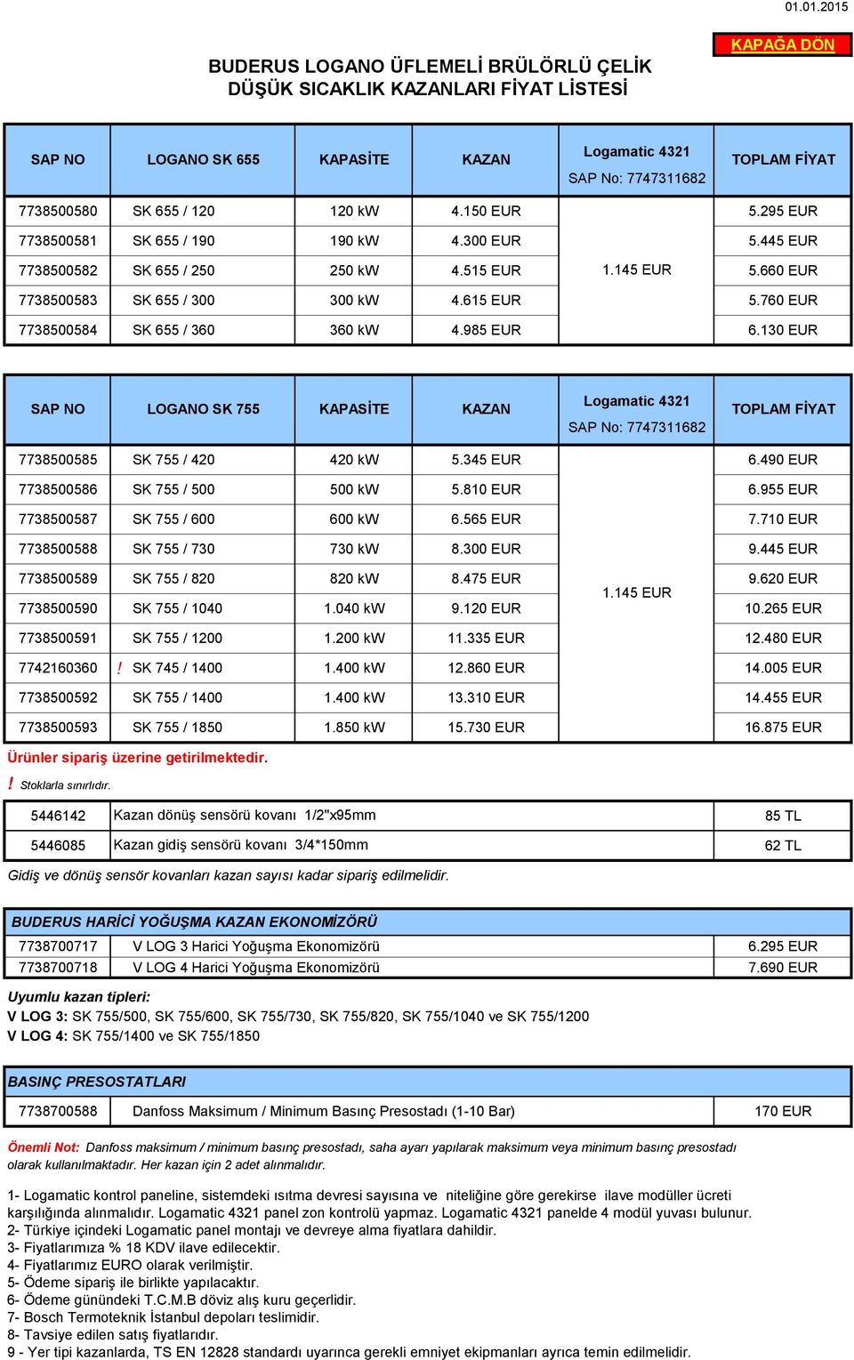 760 EUR 7738500584 SK 655 / 360 360 kw 4.985 EUR 6.130 EUR LOGANO SK 755 KAPASİTE KAZAN Logamatic 4321 SAP No: 7747311682 TOPLAM 7738500585 SK 755 / 420 420 kw 5.345 EUR 6.