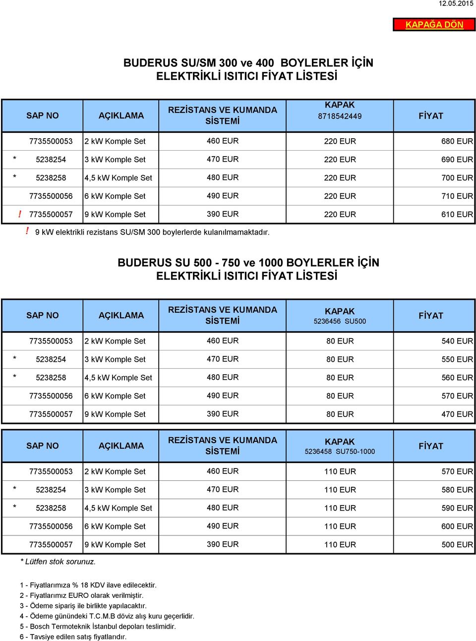 Set 470 EUR 220 EUR 690 EUR * 5238258 4,5 kw Komple Set 480 EUR 220 EUR 700 EUR 7735500056 6 kw Komple Set 490 EUR 220 EUR 710 EUR 7735500057 9 kw Komple Set 390 EUR 220 EUR 610 EUR 9 kw elektrikli