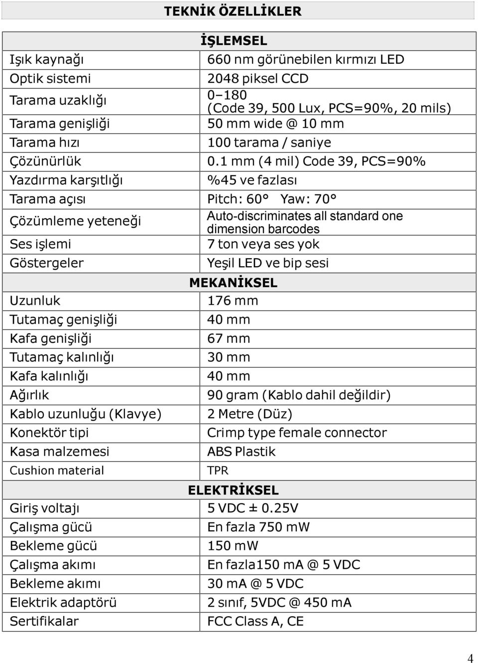 akımı Elektrik adaptörü Sertifikalar İŞLEMSEL 660 nm görünebilen kırmızı LED 2048 piksel CCD 0 180 (Code 39, 500 Lux, PCS=90%, 20 mils) 50 mm wide @ 10 mm 100 tarama / saniye 0.