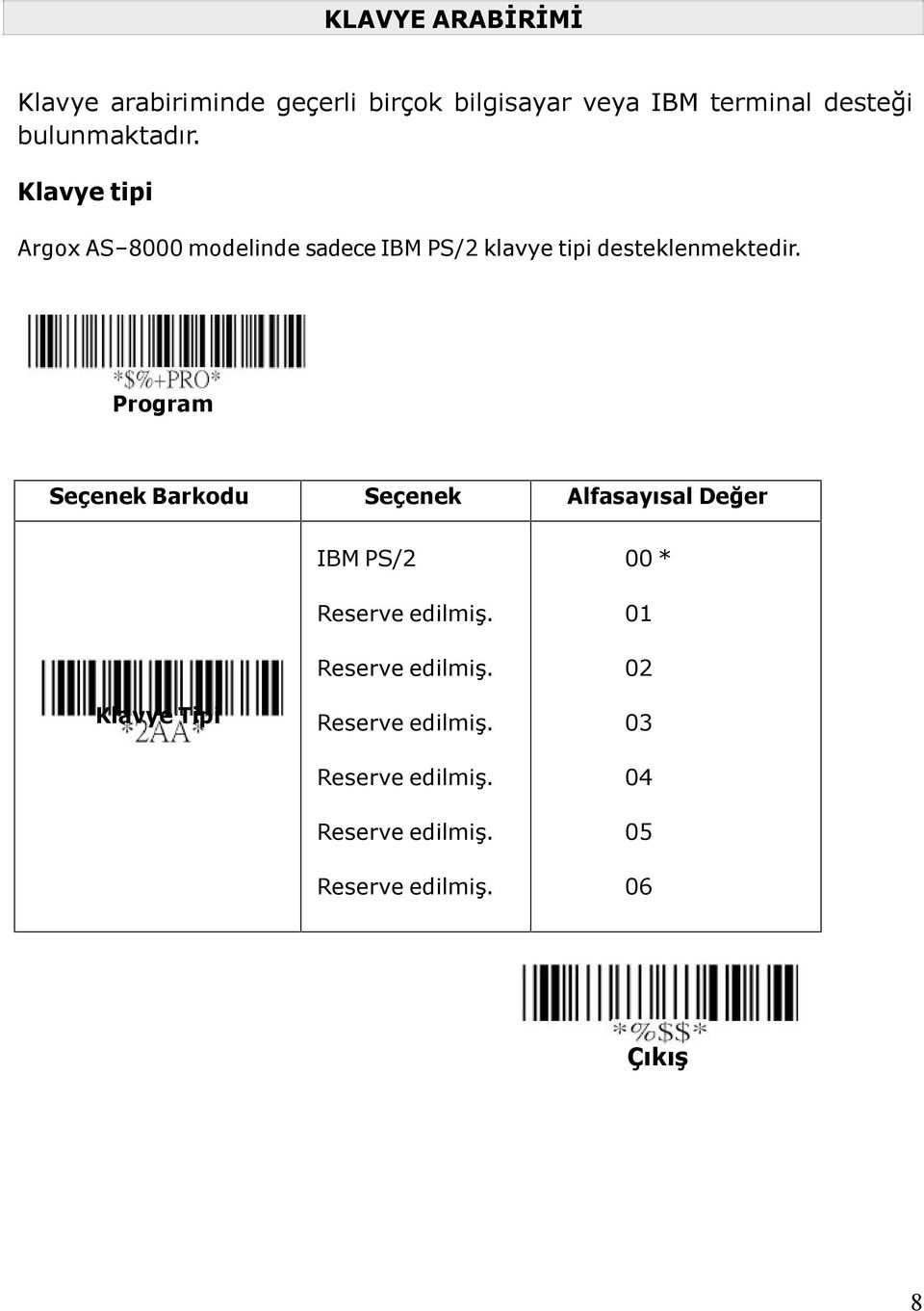 Klavye tipi Argox AS 8000 modelinde sadece IBM PS/2 klavye tipi desteklenmektedir.