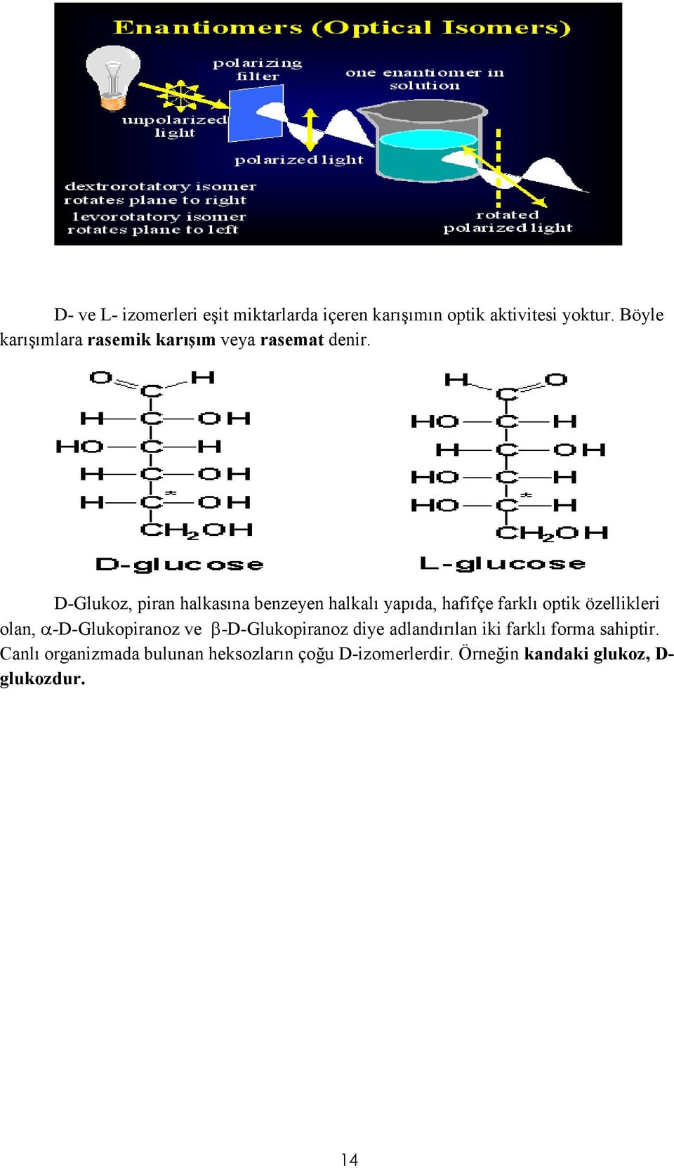 D-Glukoz, piran halkasına benzeyen halkalı yapıda, hafifçe farklı optik özellikleri olan,