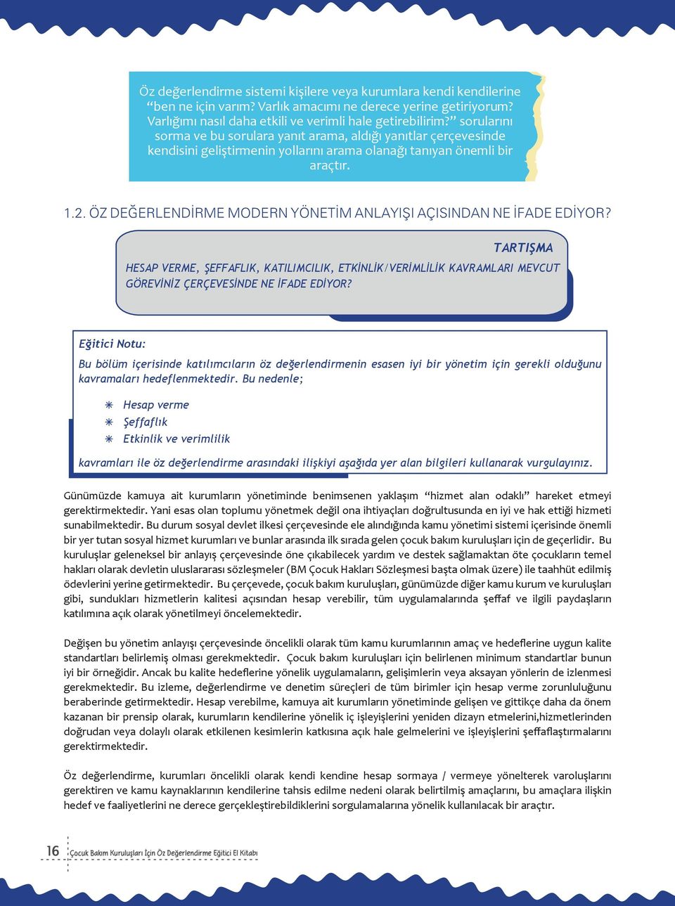 ÖZ DEĞERLENDİRME MODERN YÖNETİM ANLAYIŞI AÇISINDAN NE İFADE EDİYOR? TARTIŞMA HESAP VERME, ŞEFFAFLIK, KATILIMCILIK, ETKİNLİK/VERİMLİLİK KAVRAMLARI MEVCUT GÖREVİNİZ ÇERÇEVESİNDE NE İFADE EDİYOR?