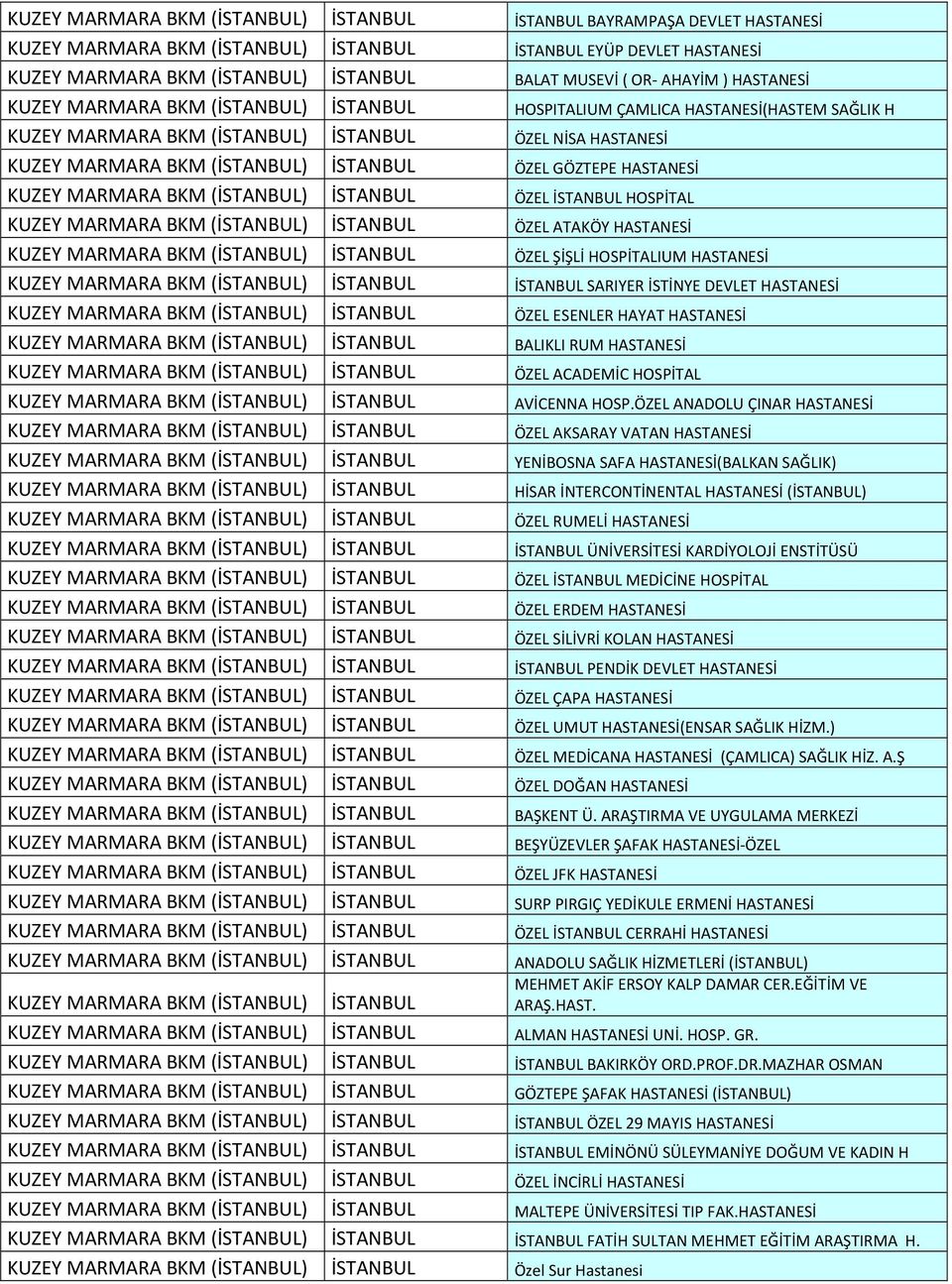 İSTANBUL ÖZEL GÖZTEPE HASTANESİ KUZEY MARMARA BKM (İSTANBUL) İSTANBUL ÖZEL İSTANBUL HOSPİTAL KUZEY MARMARA BKM (İSTANBUL) İSTANBUL ÖZEL ATAKÖY HASTANESİ KUZEY MARMARA BKM (İSTANBUL) İSTANBUL ÖZEL