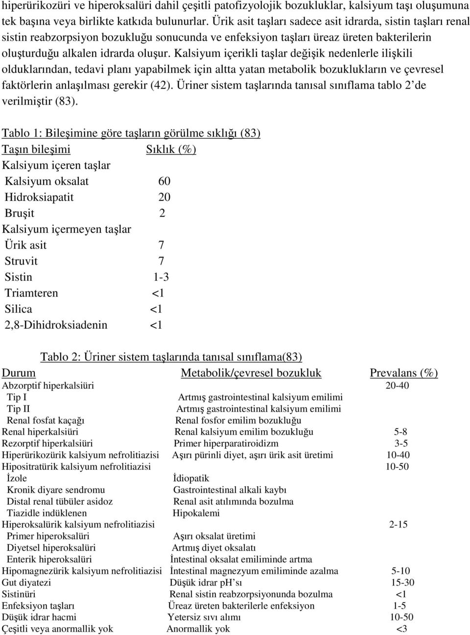 Kalsiyum içerikli taşlar değişik nedenlerle ilişkili olduklarından, tedavi planı yapabilmek için altta yatan metabolik bozuklukların ve çevresel faktörlerin anlaşılması gerekir (42).