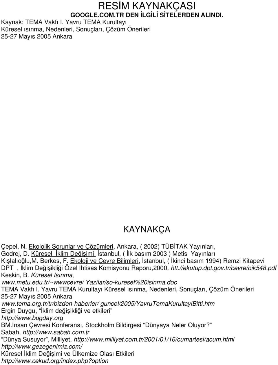 Ekoloji ve Çevre Bilimleri, İstanbul, ( İkinci basım 1994) Remzi Kitapevi DPT, İklim Değişikliği Özel İhtisas Komisyonu Raporu,2000. htt.//ekutup.dpt.gov.tr/cevre/oik548.pdf Keskin, B.