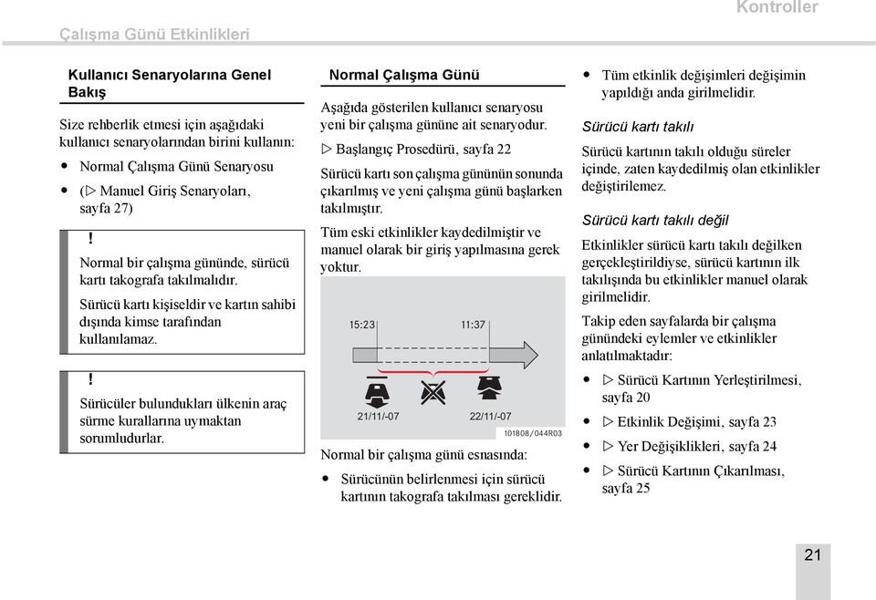 ! Sürücüler bulundukları ülkenin araç sürme kurallarına uymaktan sorumludurlar. Normal Çalışma Günü Aşağıda gösterilen kullanıcı senaryosu yeni bir çalışma gününe ait senaryodur.