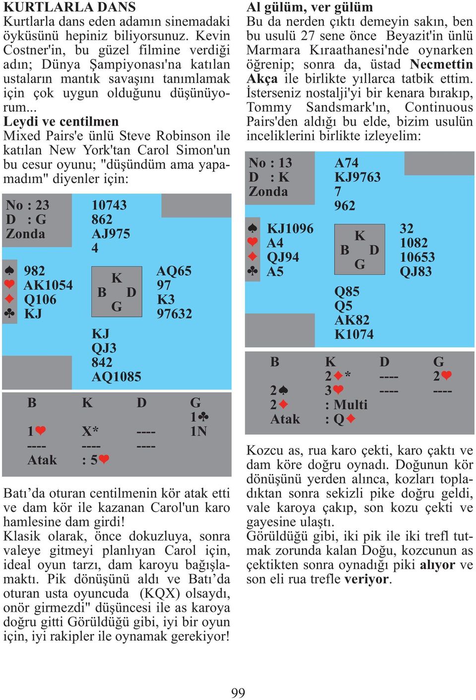 .. Leydi ve centilmen Mixed Pairs'e ünlü Steve Robinson ile katılan New York'tan Carol Simon'un bu cesur oyunu; "düşündüm ama yapamadım" diyenler için: No : 23 D : Zonda 982 A1054 Q106 J 10743 862