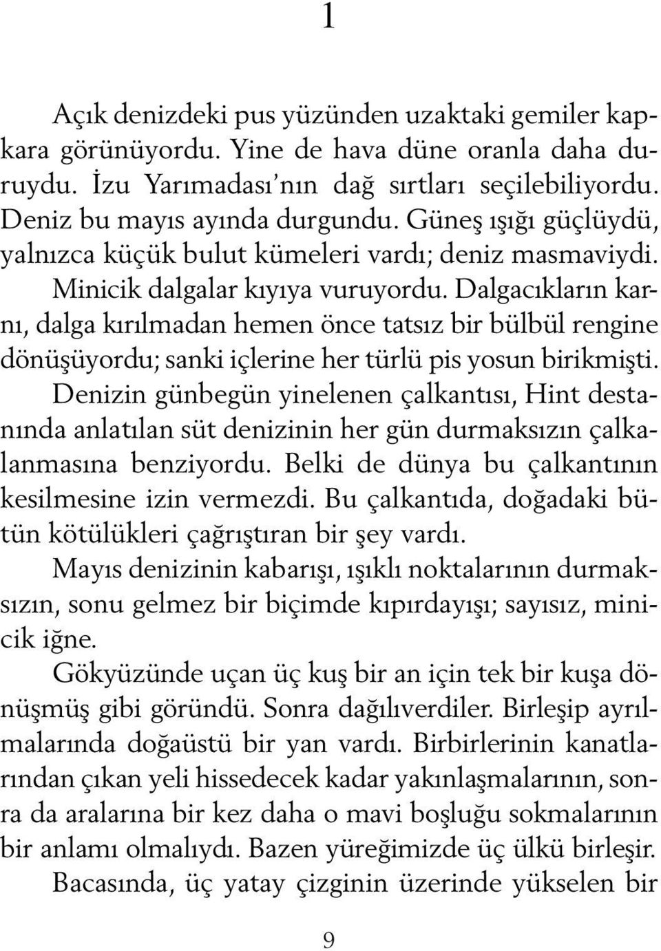 Dalgacıkların karnı, dalga kırılmadan hemen önce tatsız bir bülbül rengine dönüşüyordu; sanki içlerine her türlü pis yosun birikmişti.