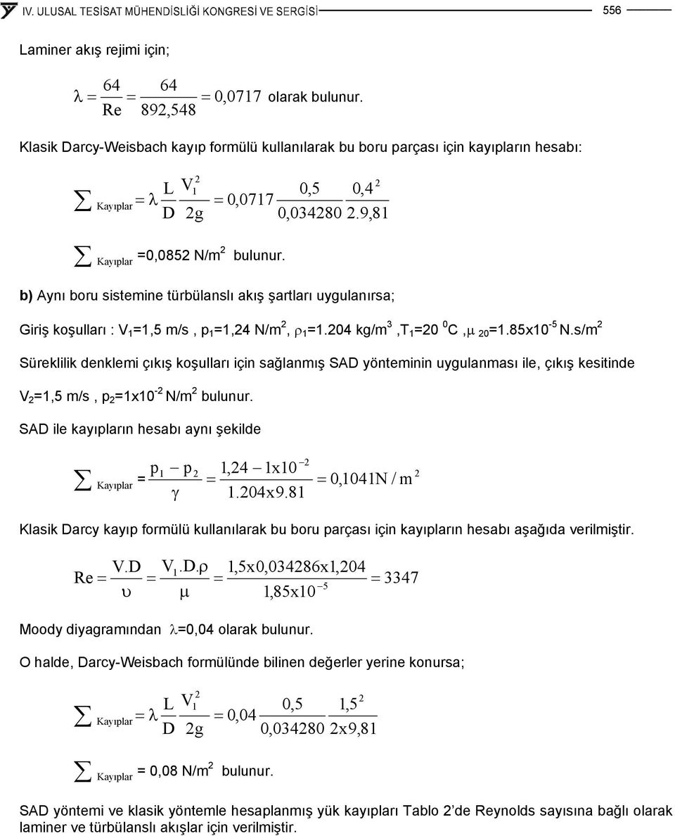 b) Aynı boru sstemne türbülanslı akış şartları uygulanırsa; Grş koşulları : V =,5 m/s, p =,4 N/m, ρ =.04 kg/m 3,T =0 0 C,μ 0 =.85x0-5 N.