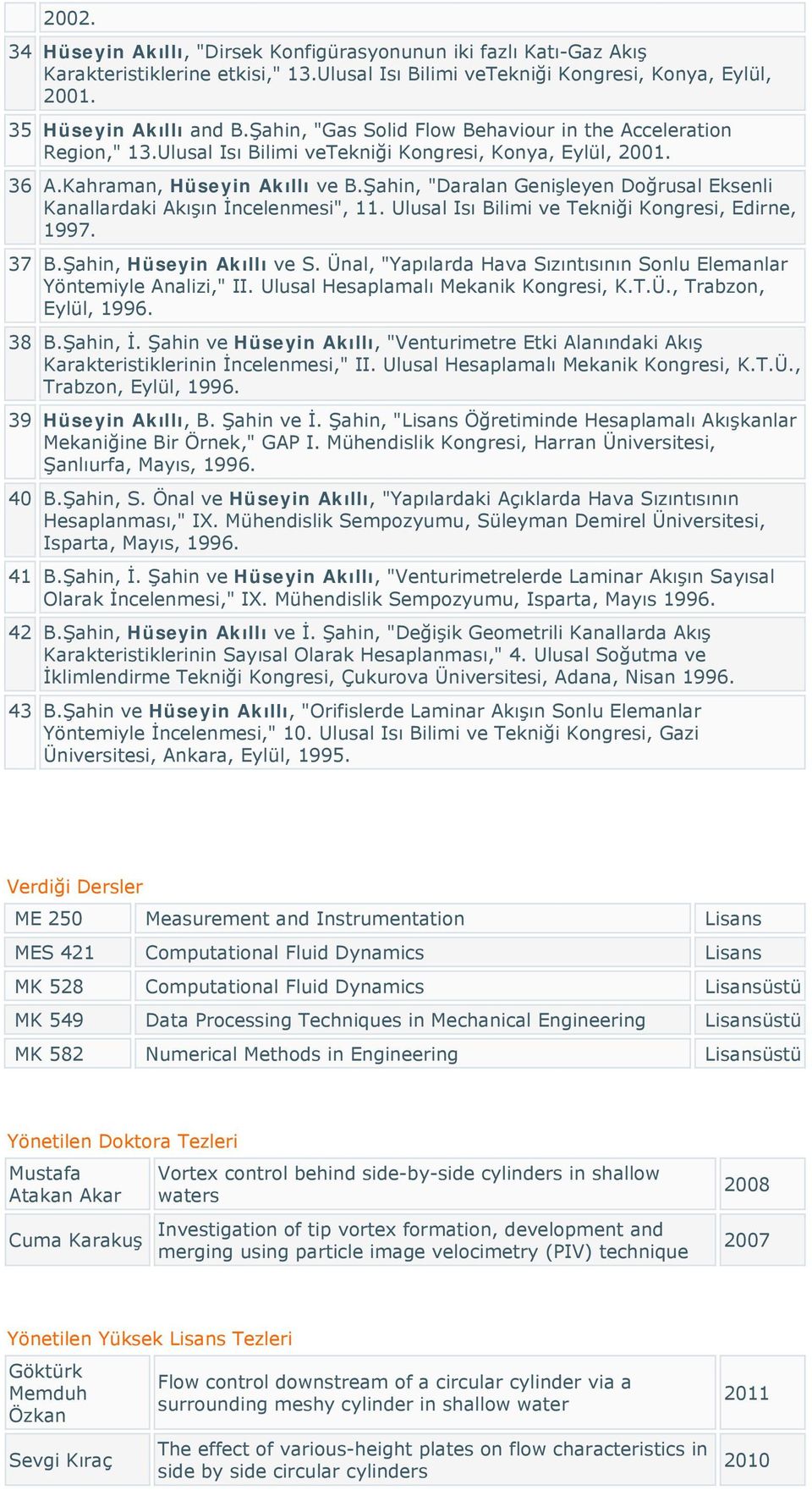 Şahin, "Daralan Genişleyen Doğrusal Eksenli Kanallardaki Akışın İncelenmesi", 11. Ulusal Isı Bilimi ve Tekniği Kongresi, Edirne, 1997. 37 B.Şahin, Hüseyin Akıllı ve S.