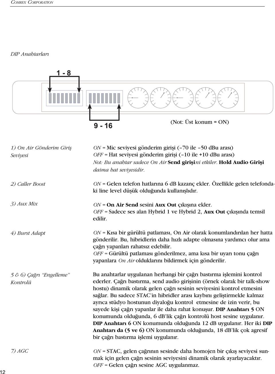 ON = Gelen telefon hatlar na 6 db kazanç ekler. Özellikle gelen telefondaki line level düflük oldu unda kullan fll d r. ON = On Air Send sesini Aux Out ç k fl na ekler.