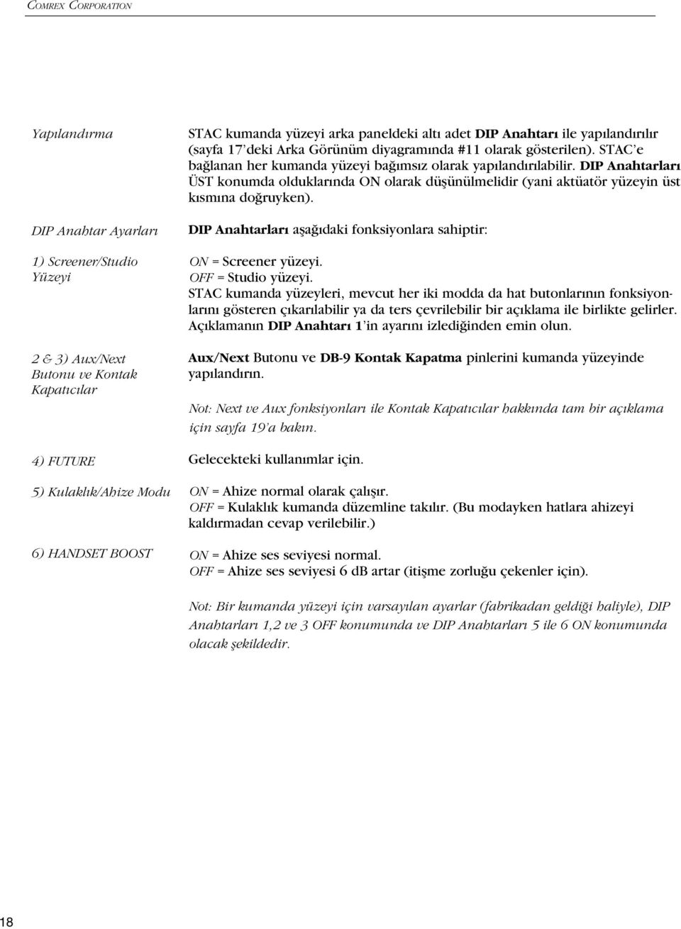 DIP Anahtarlar ÜST konumda olduklar nda ON olarak düflünülmelidir (yani aktüatör yüzeyin üst k sm na do ruyken). DIP Anahtarlar afla daki fonksiyonlara sahiptir: ON = Screener yüzeyi.