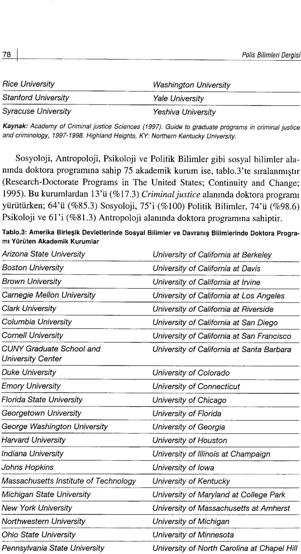 Sosyoloji, Antropoloji, Psikoloji ve Politik Bilimler gibi sosyal bilimler alanlnda doktora programlna sahip 75 akademik kurum ise, tablo.