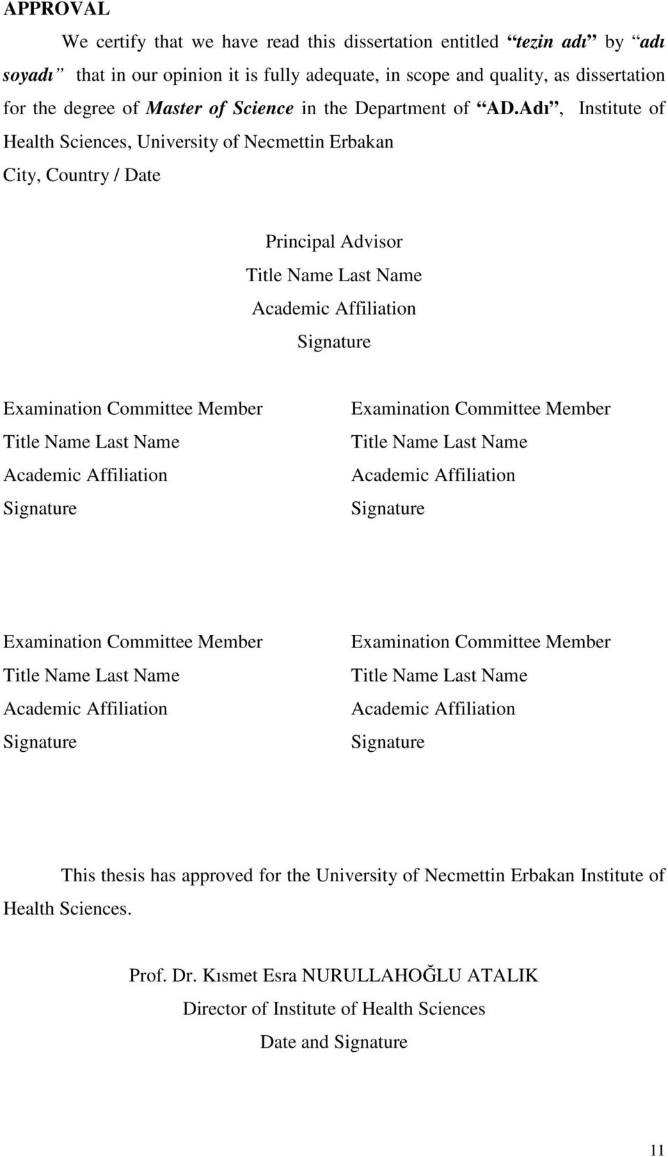 Adı, Institute of Health Sciences, University of Necmettin Erbakan City, Country / Date Principal Advisor Title Name Last Name Academic Affiliation Signature Examination Committee Member Title Name