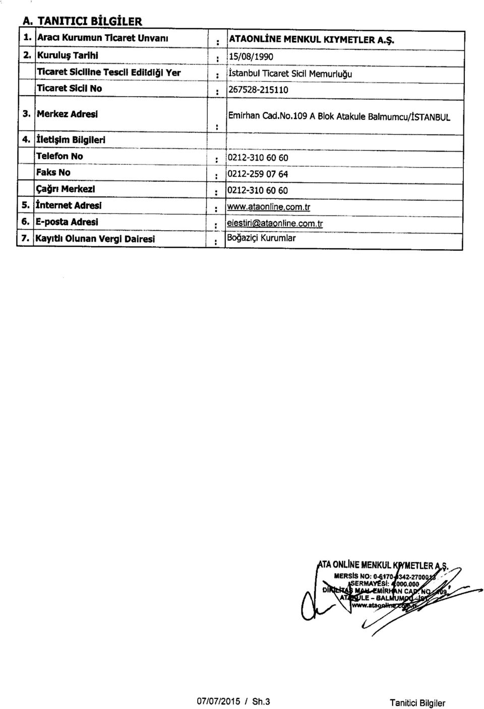 Ileti;im Bilgileri Telefon No 0212-310 60 60 Faks No 0212-259 07 64 ca4r, Merkezl. 0212-310 60 60 5. InternetAdresi. www.ataonline.com.tr 6.