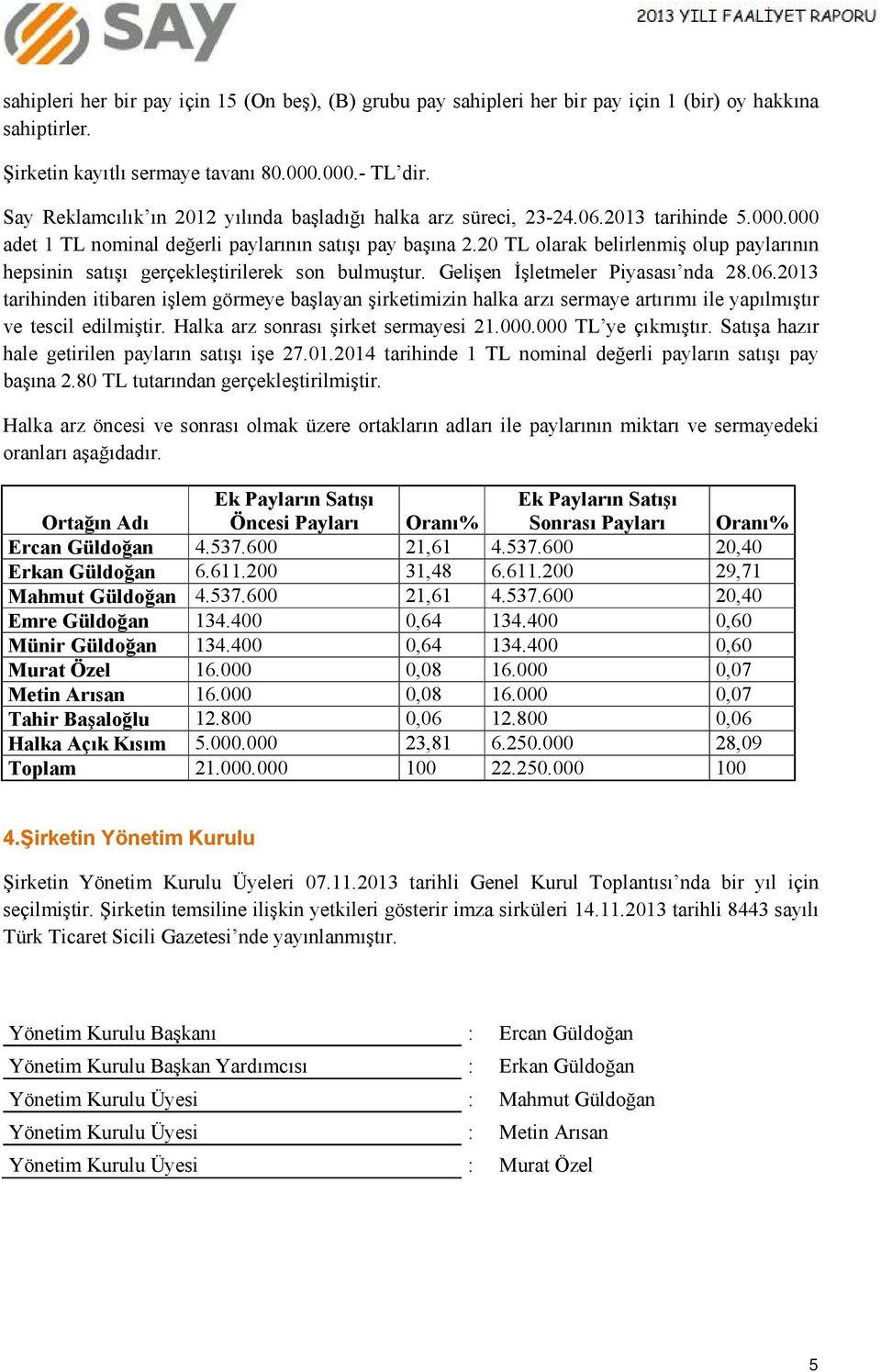 20 TL olarak belirlenmiş olup paylarının hepsinin satışı gerçekleştirilerek son bulmuştur. Gelişen İşletmeler Piyasası nda 28.06.