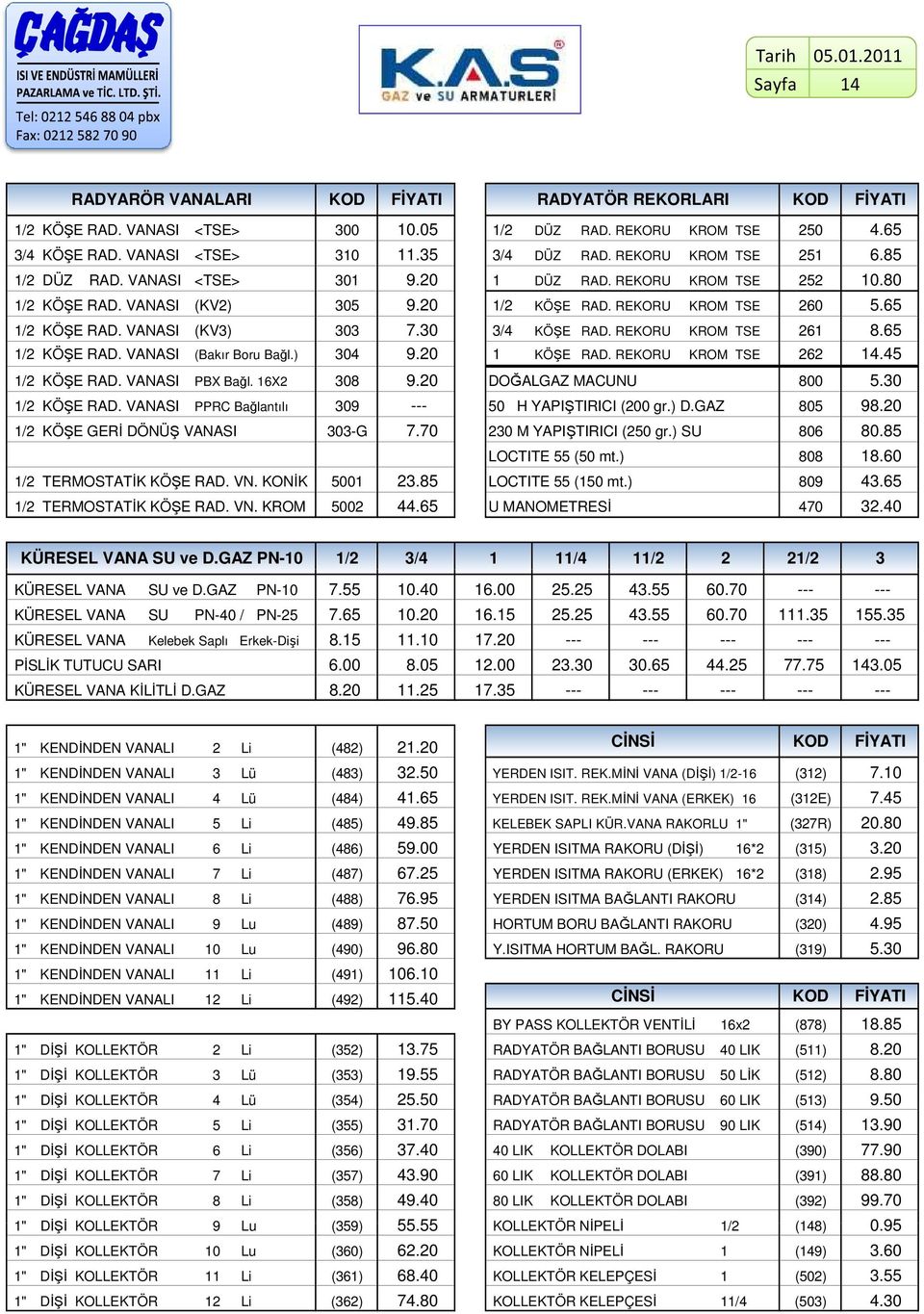 65 1/2 KÖŞE RAD. VANASI (KV3) 303 7.30 3/4 KÖŞE RAD. REKORU KROM TSE 261 8.65 1/2 KÖŞE RAD. VANASI (Bakır Boru Bağl.) 304 9.20 1 KÖŞE RAD. REKORU KROM TSE 262 14.45 1/2 KÖŞE RAD. VANASI PBX Bağl.