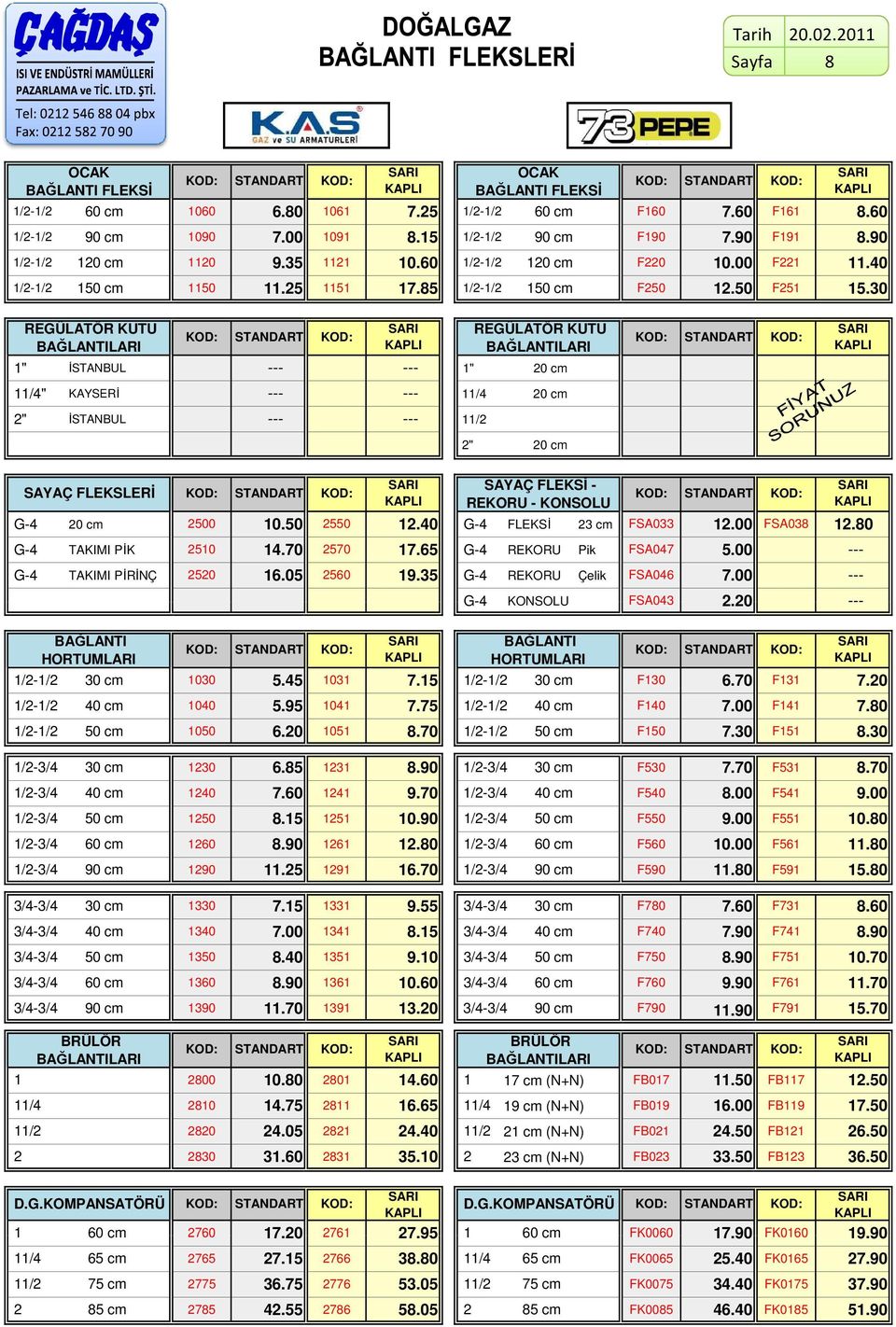 30 REGÜLATÖR KUTU SARI REGÜLATÖR KUTU STANDART BAĞLANTILARI KAPLI BAĞLANTILARI 1" İSTANBUL 1" 20 cm STANDART SARI KAPLI 11/4" KAYSERİ 11/4 20 cm 2" İSTANBUL 11/2 2" 20 cm SARI SAYAÇ FLEKSİ - SAYAÇ